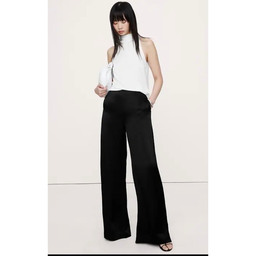 Banana Republic Black Hammered Satin High Rise Wide Leg Palazzo Pants 4L Sample